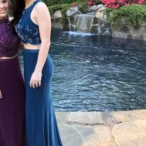 Peacock blue two piece prom dress